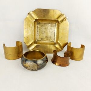 Vintage patina brass bangles copper hamered tooled cuff and brass ashtra…